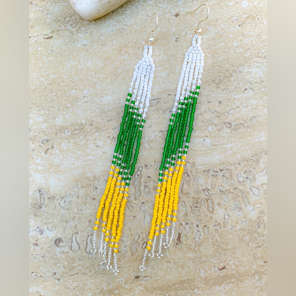 Green Bay Packers Native style beaded fringe earrings- 5” length